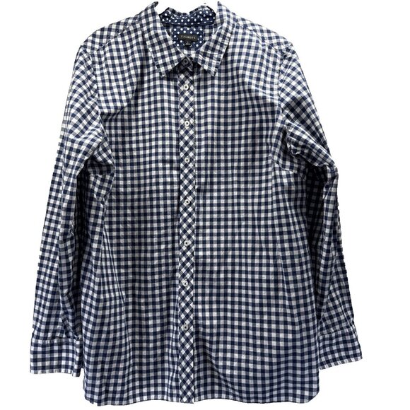 Talbots Women's Top Blouse Size Large Blue White Check Long Sleeve Cotton Button - Picture 1 of 10